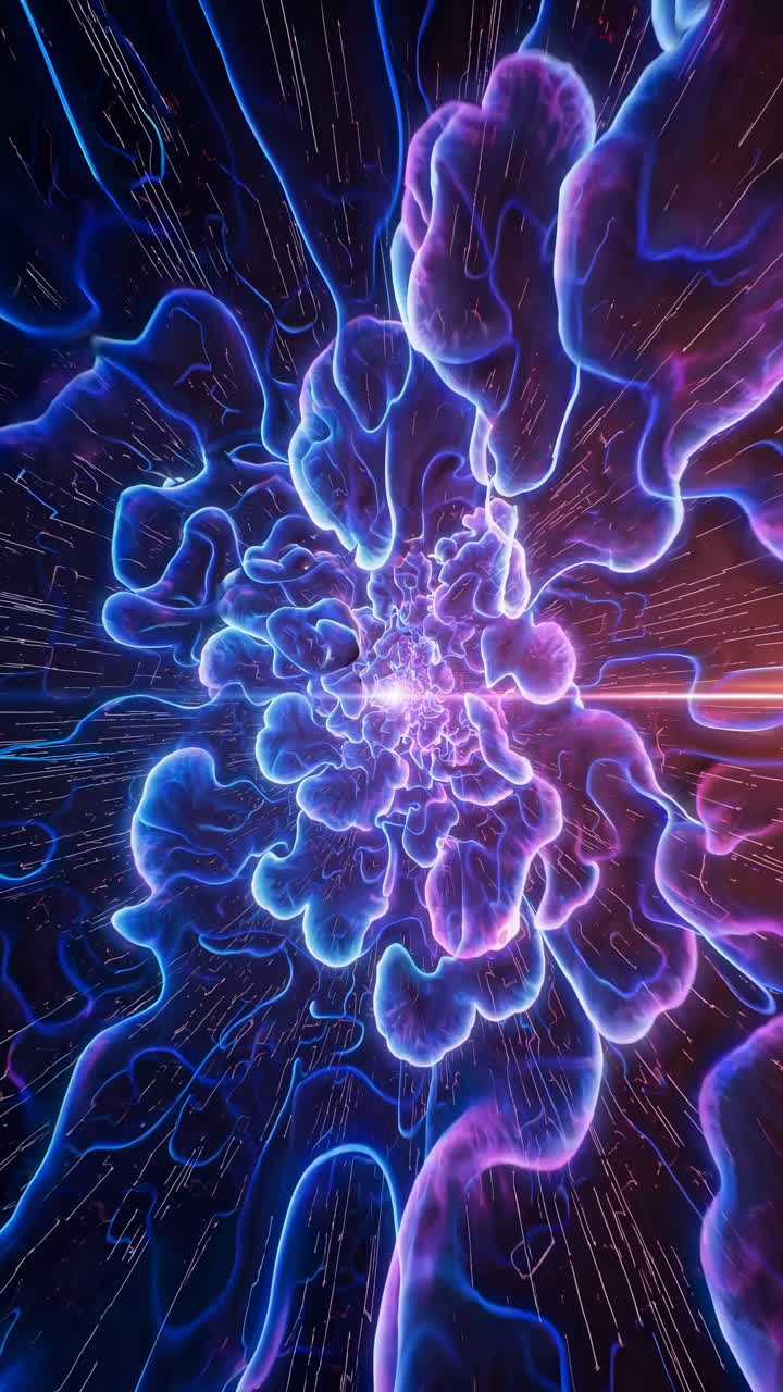 Design frattale astratto al neon con un'angolazione dinamica della telecamera con zoom-in, che crea un'atmosfera vibrante ed energica.
