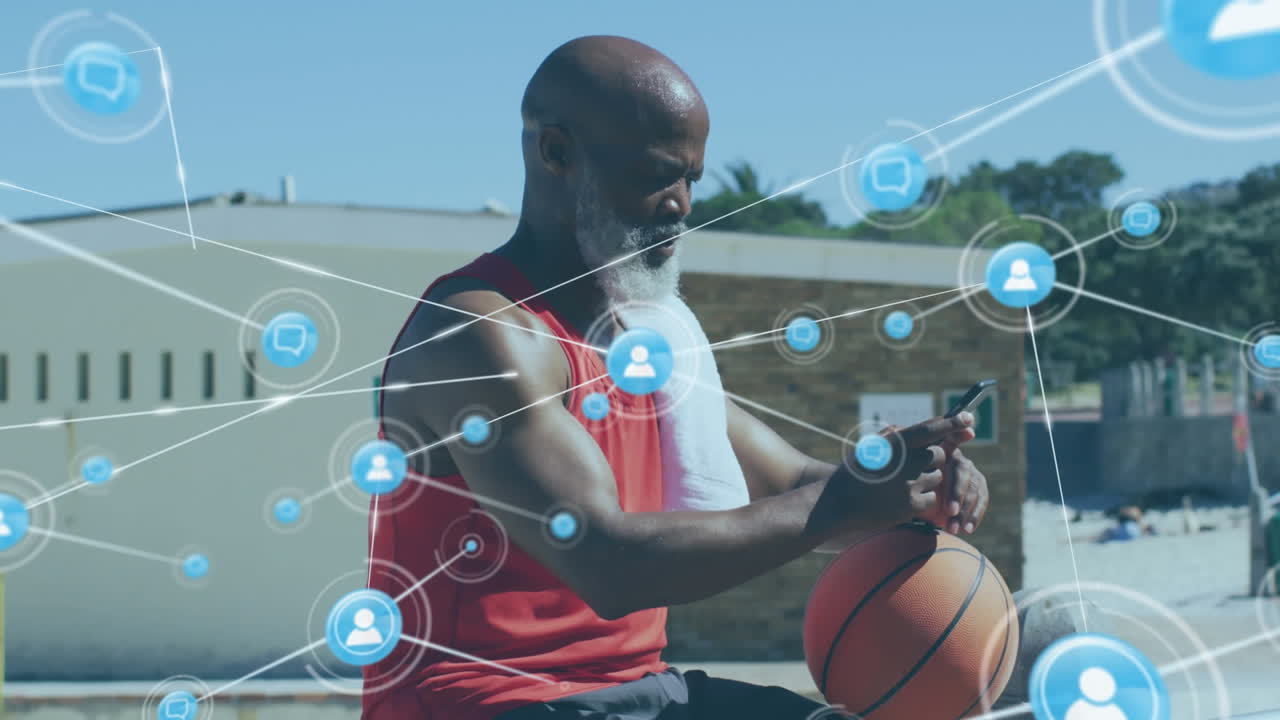 Animation of network of connections over senior african american man using smartphone at beach