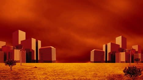 animación de nubes naranjas y amarillas que se mueven en movimiento rápido sobre edificios modernos digitales al atardecer