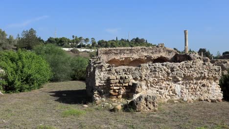 Ancient-Roman-ruins-in-Carthage,-Tunisia,-under-a-clear-blue-sky