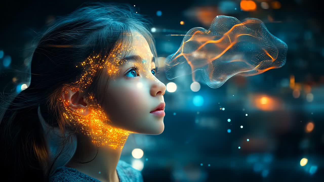 Girl looking at light patterns in dark. A girl gazes at glowing shapes in the dark. The scene shows bright colors around her face and eyes