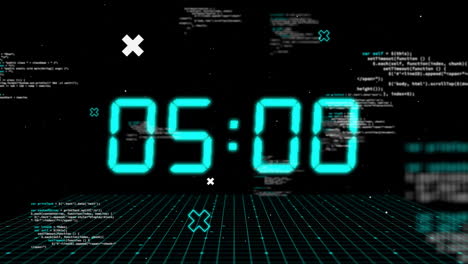 Animation of blue digital clock timer changing over data processing on black background