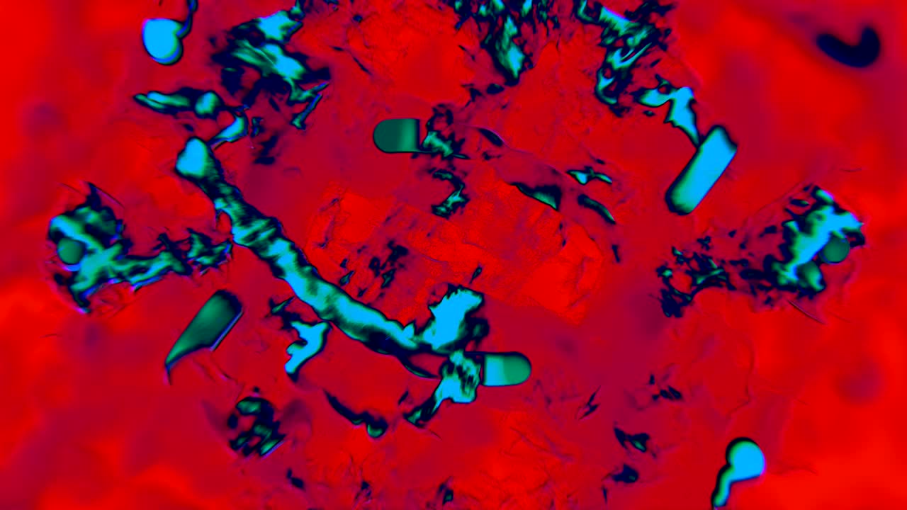 las partículas azules fluyen en rojo, 3d, bucle