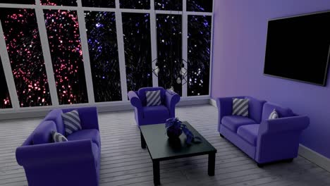 animation of modern interior with christmas and new year fireworks night sky outside window