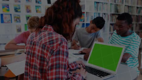 animation of mathematical data processing over female student with laptop with green screen