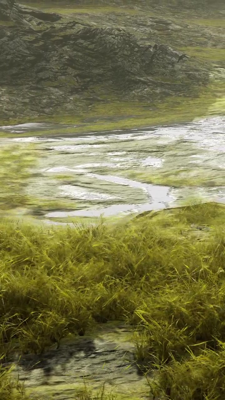 Naturskønt landskab med grønt græs og en snoet flod i dalen