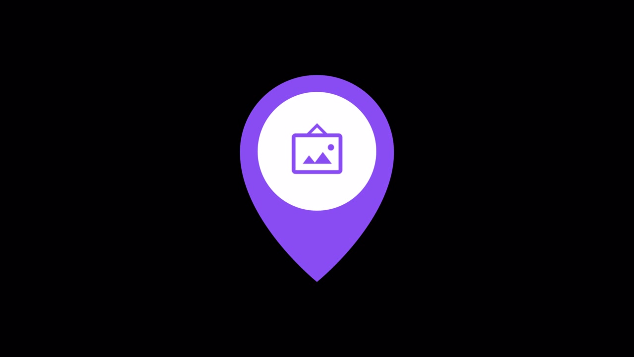 Segnaposto animati viola sulla mappa con icone di immagini.