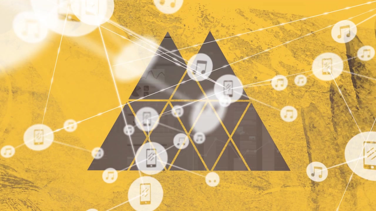 Animação de uma rede de conexões com ícones sobre triângulos em um fundo amarelo.