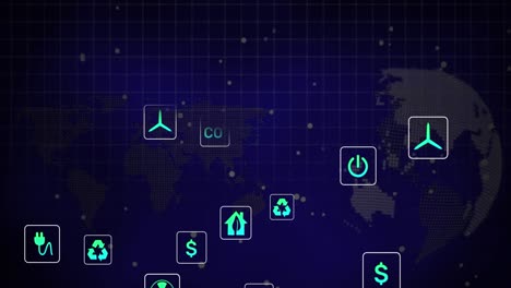 animación de iconos ecológicos y procesamiento de datos sobre el mapa del mundo