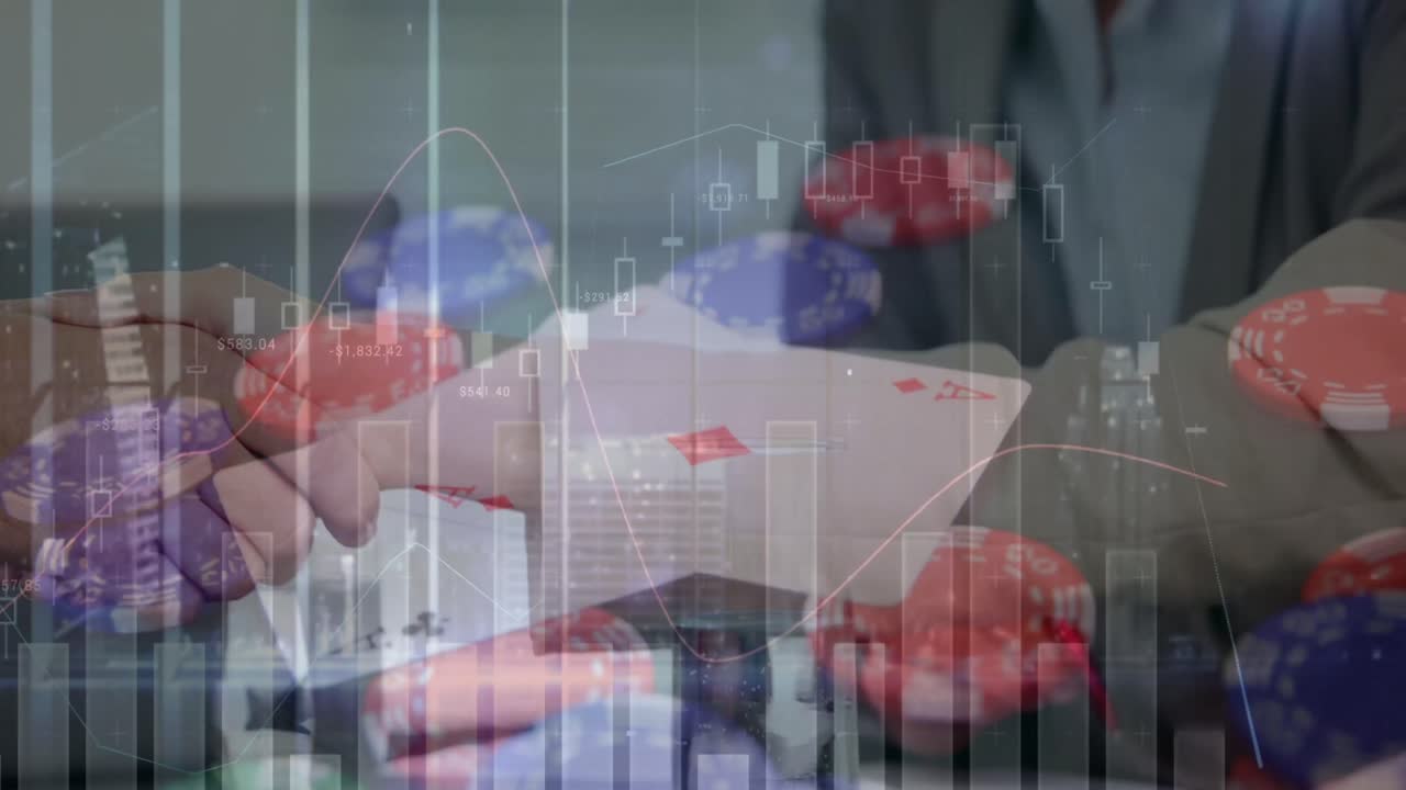 animación del procesamiento de datos financieros sobre tarjetas y fichas