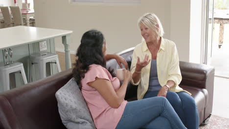 happy diverse senior women discussing and laughing on sofa in sunny living room, slow motion