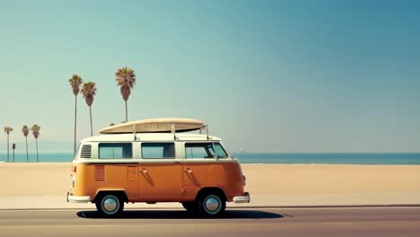 retro video vibe with a side view of a vintage van on a sunny beach road, surfboard on top, palm