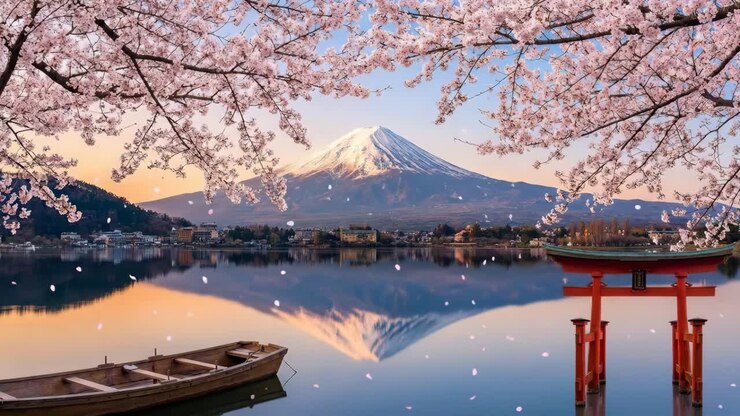 Monte Fuji con fiori di ciliegio e riflesso del portale torii