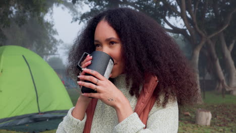 camping, morning and woman drinking coffee to