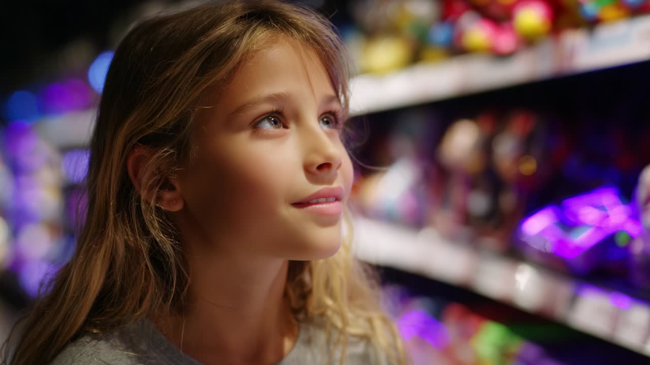 A young girl gazes in awe at a colorful array of toys sparkling under store lights, her expression filled with wonder and anticipation as she explores the vibrant selection in the aisle, showcasing her childhood curiosity