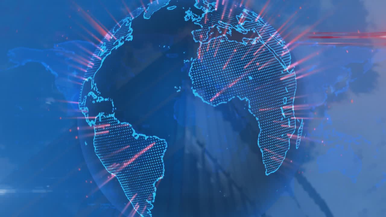 Animation of light trails over spinning globe against low angle view of tall building