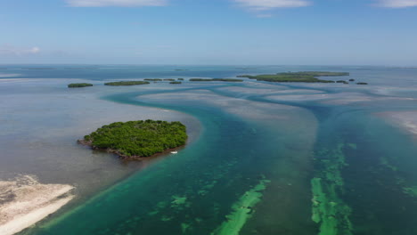 aerial panoramic view of group of small islands and islets with mangroves