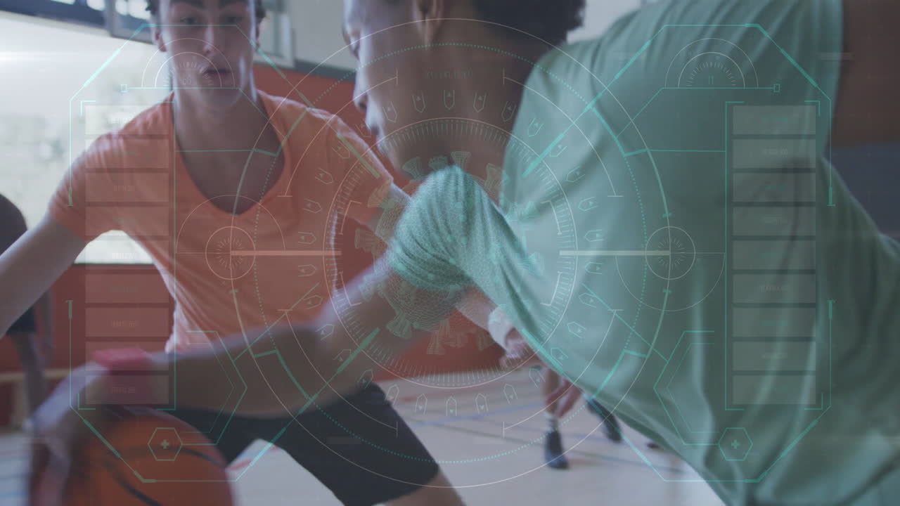 Playing basketball, child athletes with animation overlay in school gym court