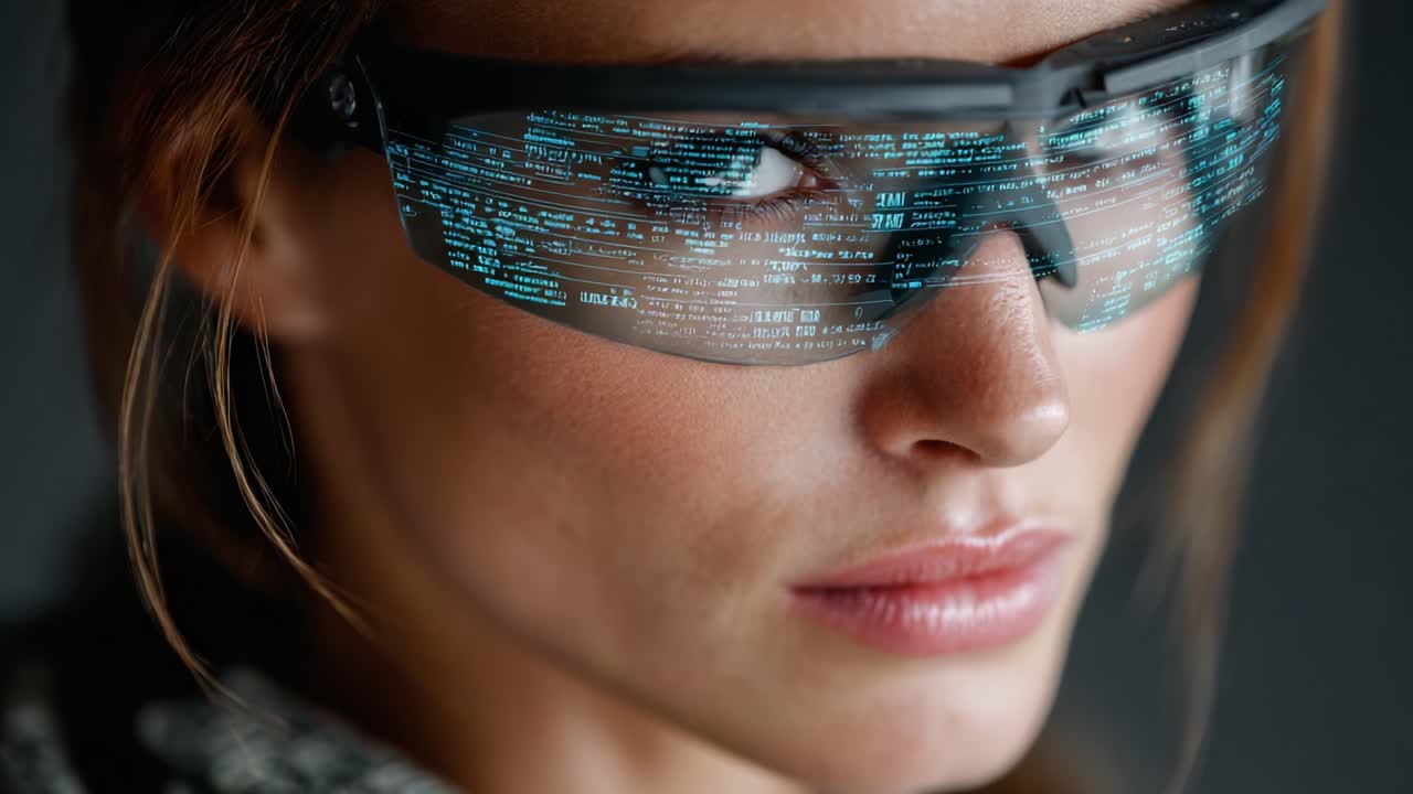 A Close-Up of a Person Wearing Futuristic Augmented Reality Glasses with Digital Data Display, Emphasizing Technology and Innovation in Modern Wearable Devices