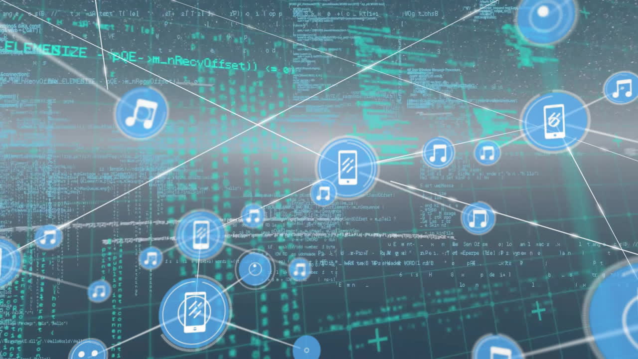 Animation of network of connections with icons over data processing on black background