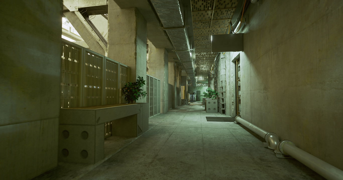 Peaceful service corridor featuring plants and exposed infrastructure