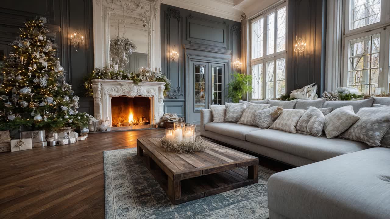 Elegant and Cozy Holiday Living Room Showcase Featuring a Beautifully Decorated Christmas Tree and a Warm Fireplace, Perfect for Festive Gatherings and Family Moments