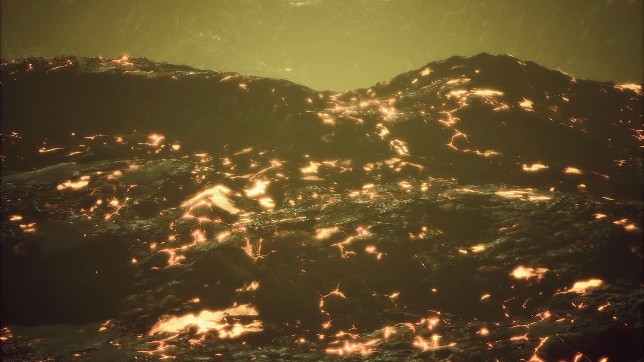 Fiery lava flows illuminate volcanic landscape at twilight in remote region