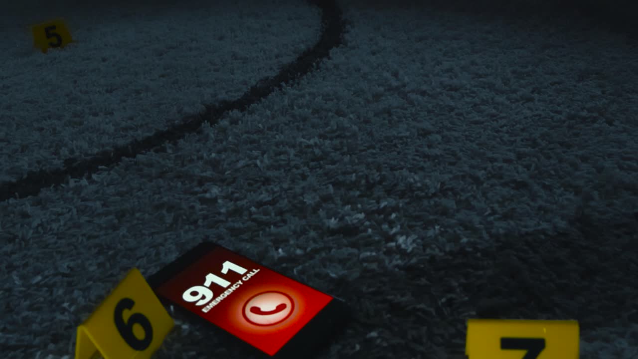Cinematic close up of forensic evidence markers on carpet beside a 911 emergency call phone and shattered glass