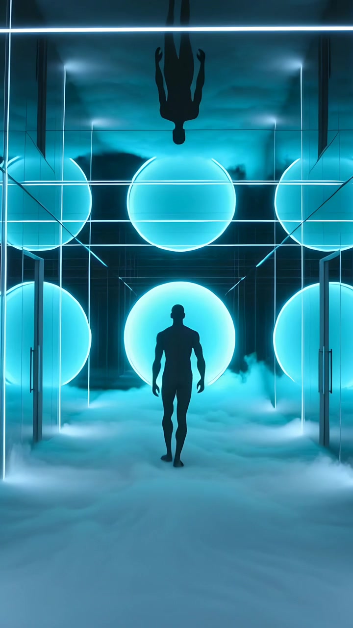 Vertical video: Walking backlit man in bodysuit, closing on central light in hall with cyan spheres