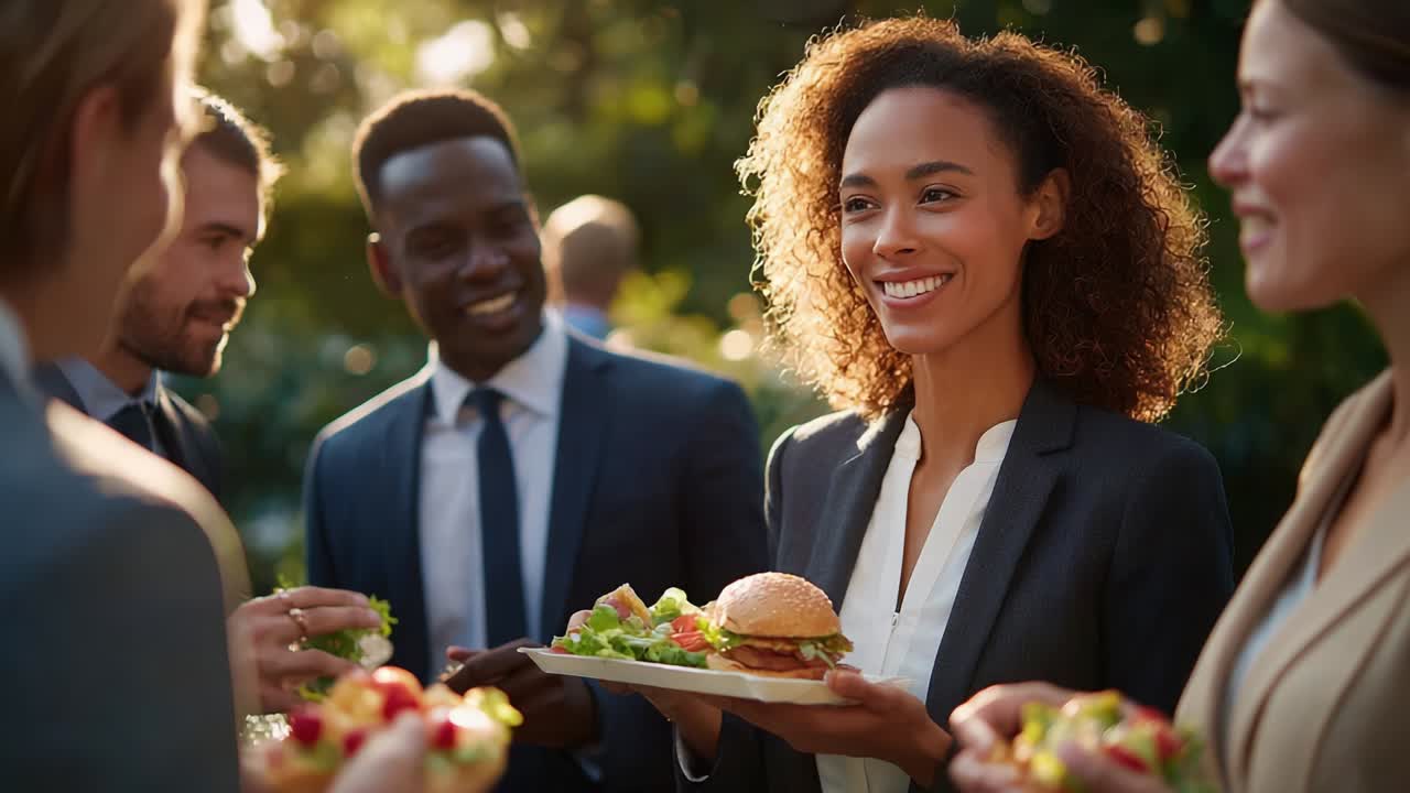 Group of business people having lunch outdoors