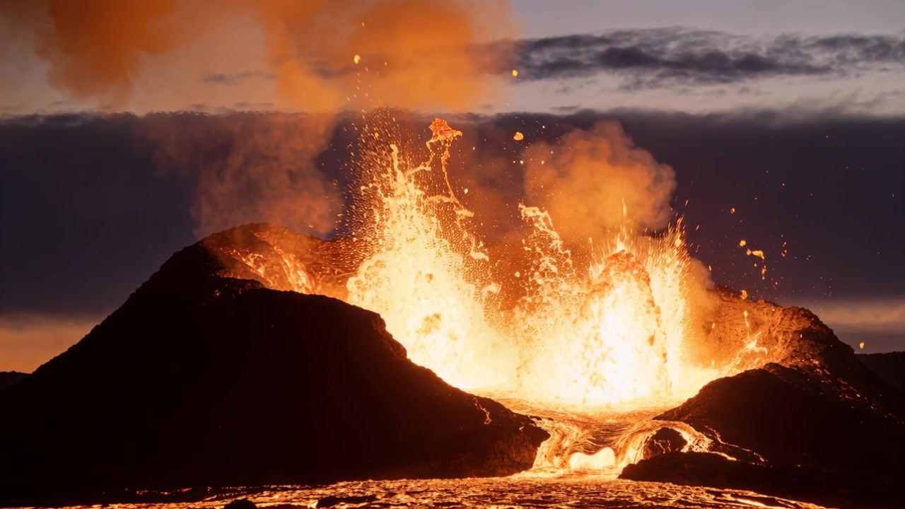 Sfiato pulsante dalla pressione del magma che espelle getti di lava e una pozza incandescente che scorre al crepuscolo, con cenere che sale.