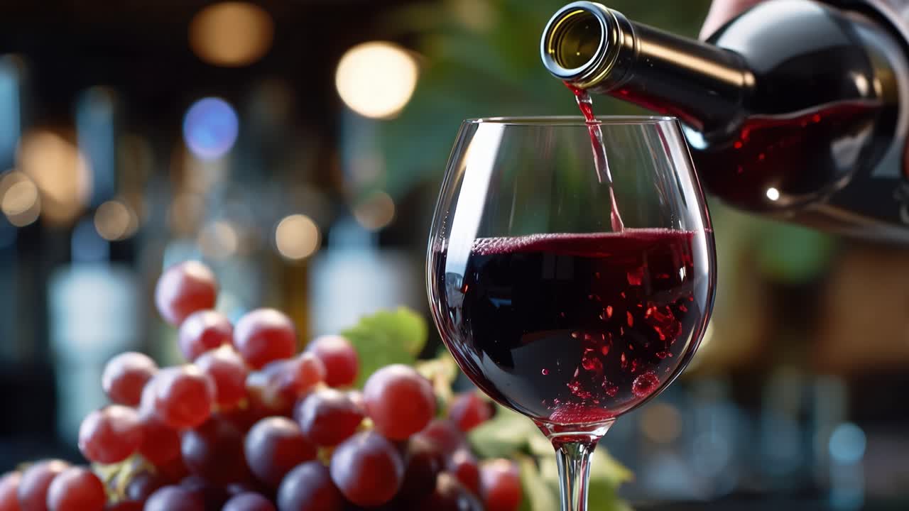 Il vino rosso si versa in un bicchiere, ricco e lento. L'uva riposa nelle vicinanze, fresca e polposa. Bottiglie sfocate brillano dolcemente sullo sfondo. Una mano guida la mescita con cura ed eleganza. I momenti di sorseggio sono intimi e caldi.