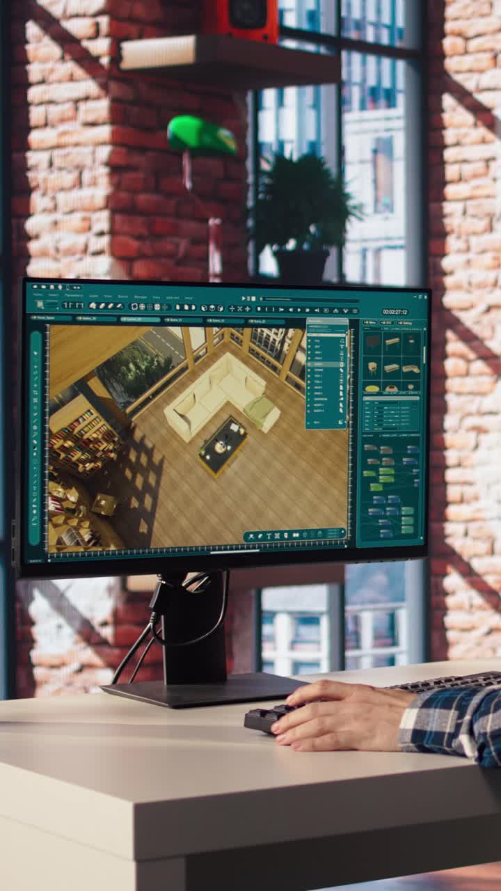 Vertical video Man doing remote work on computer screen, moving assets in 3D software
