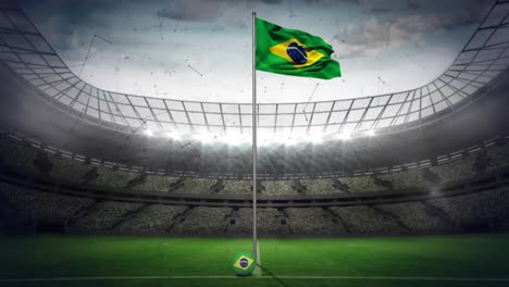 Networking-of-connections-floating-over-waving-brazil-flag-against-sports-stadium-in-background