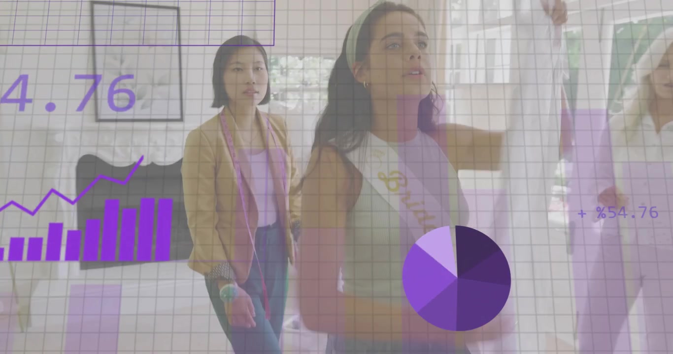 Colegas mirando el smartphone e intercambiando vestidos mientras un gráfico morado recopila datos de ajuste de moda.
