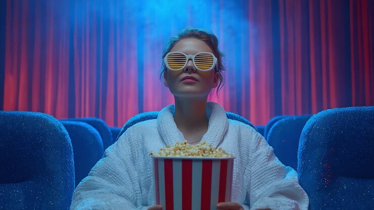 Uno spettatore entusiasta si gode un'esperienza cinematografica in un cinema, rilassandosi con i popcorn e occhiali da sole eleganti sotto luci scintillanti.