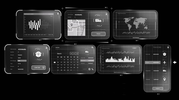 Animation of data processing on screens over black background