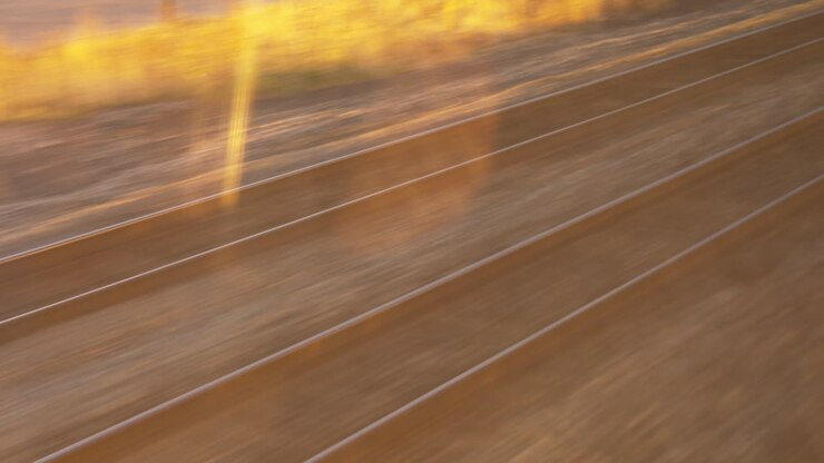 Punto di vista di un passeggero del treno da un finestrino sui binari ferroviari che scorrono