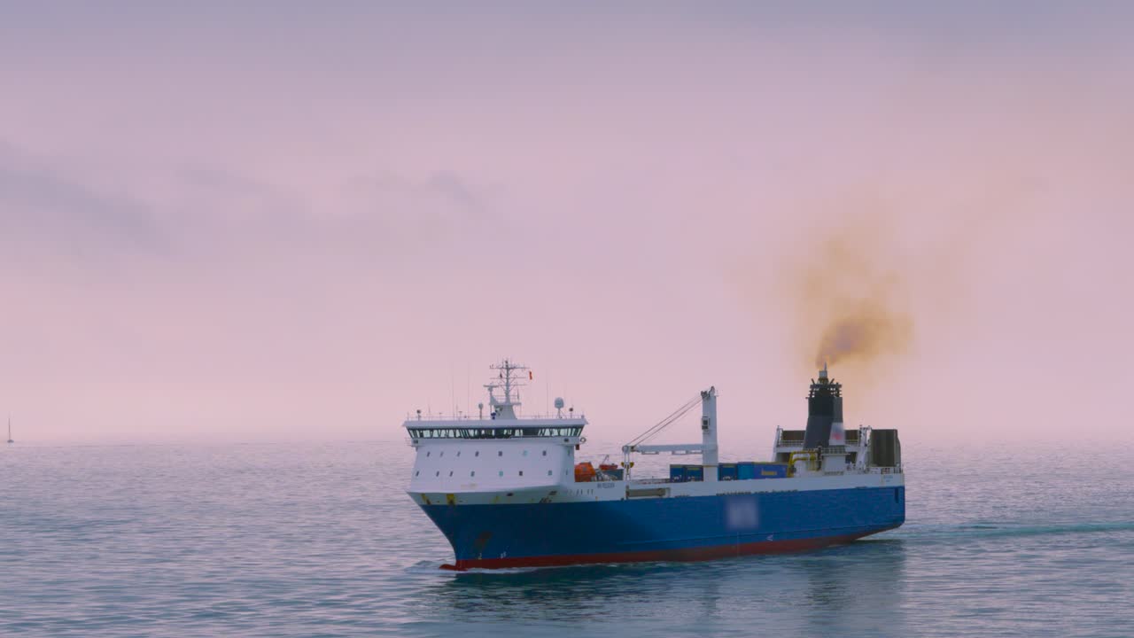 Cargo Ship Vessel Sailing on Calm Sea in English Channel Transporting Goods to Grow Global Economy with Diesel Fumes Coming Out Funnel 4K