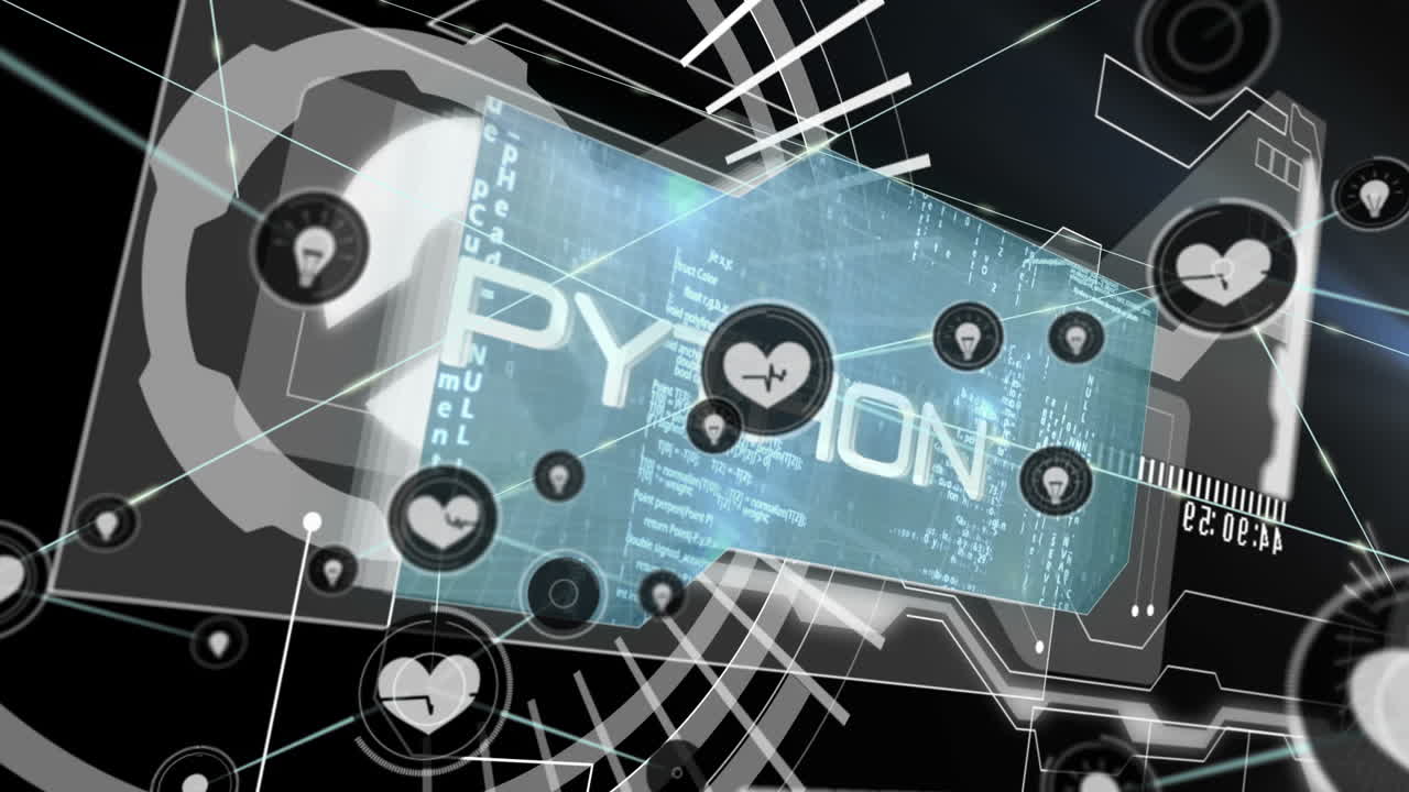 검은 바탕에서 범위 스캐닝과 데이터 처리에 대한 연결 네트워크의 애니메이션