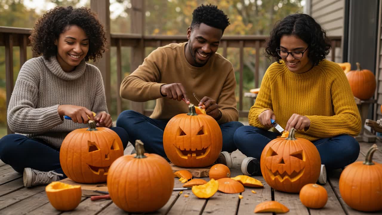Friends Carving Jack-o'-Lanterns for Halloween