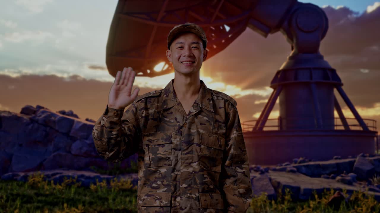 Asian Man Soldier Smiling, Waving Hand, And Saying Bye While Standing With Satellite Dish