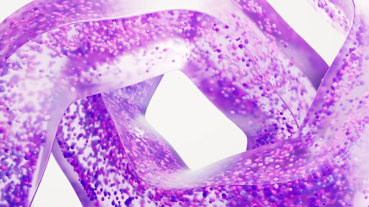 Flowing purple particles in glass geometry, 3d rendering.