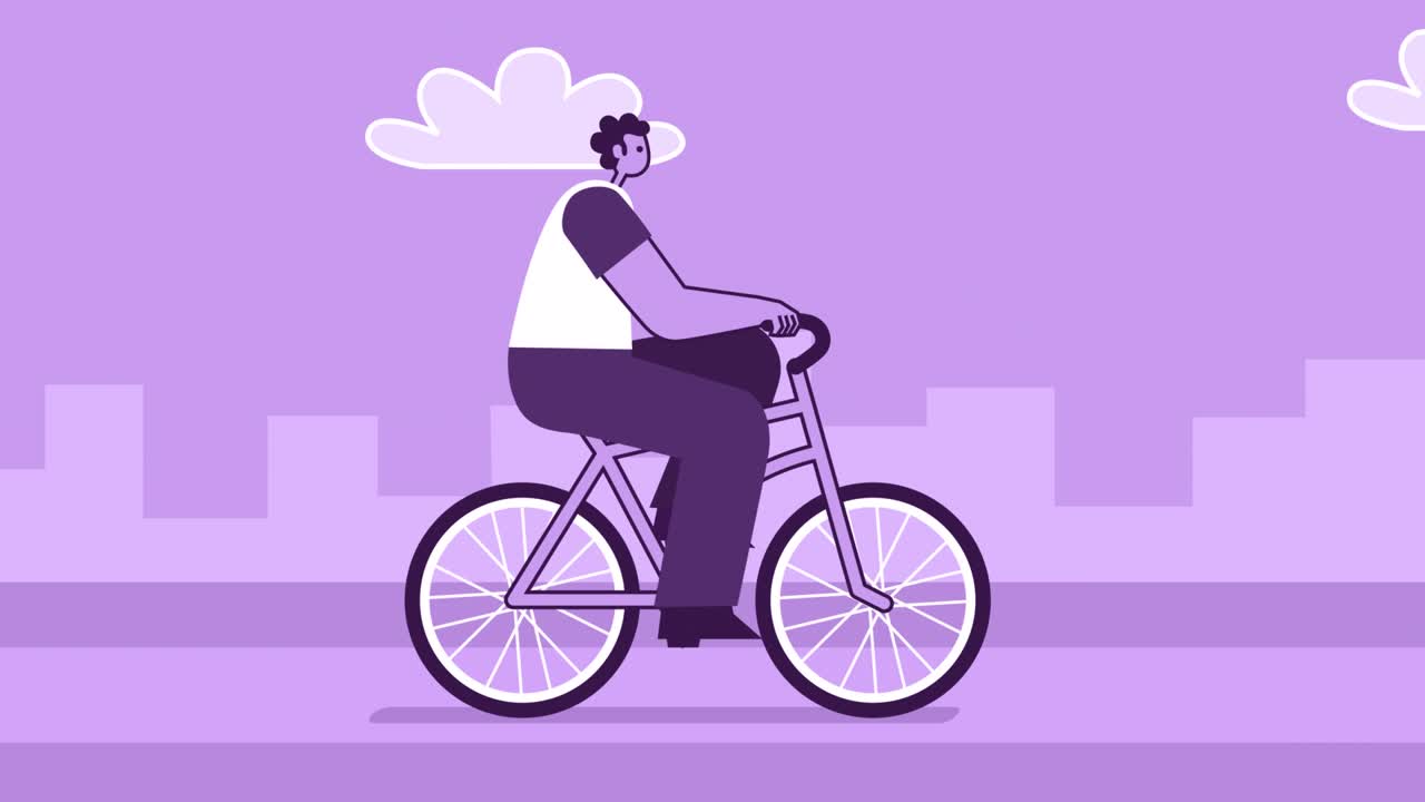 фиолетовый стиль человек плоский персонаж ездит на велосипеде. изолированная цикла анимация с альфа-каналом