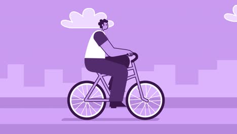 purple style man flat character riding bike. isolated loop animation with alpha channel