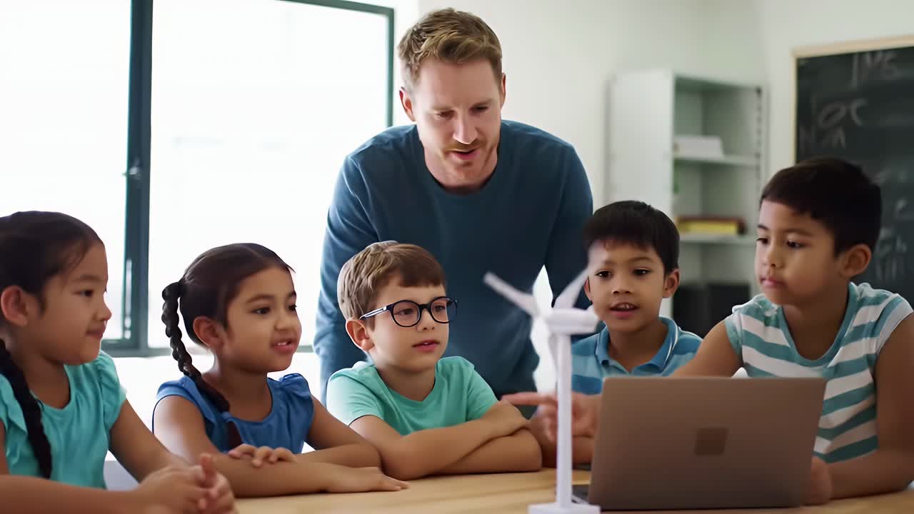 A group of children are sitting at a table with a man teaching them