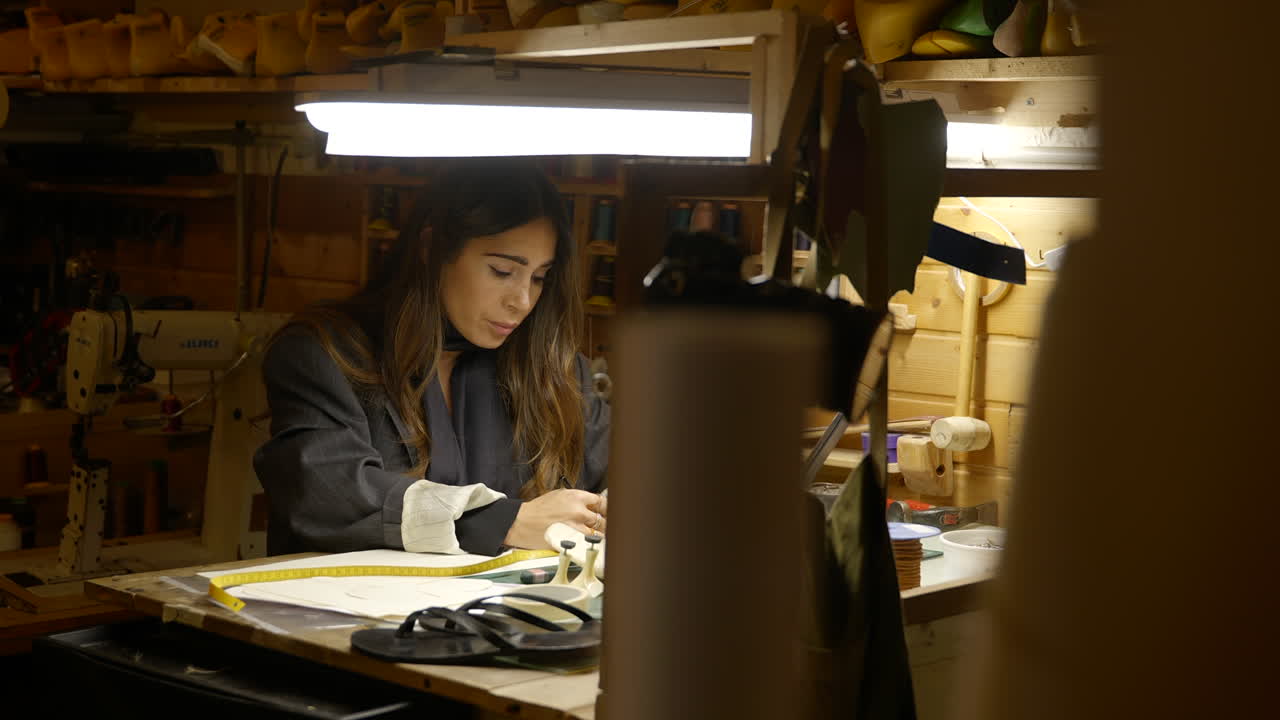 Zapatera trabajando en su mesa de taller diseñando calzado elegante bajo la luz de un foco.