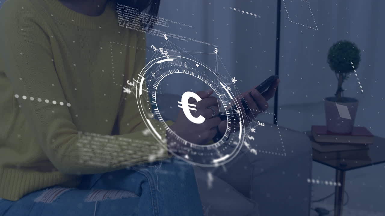 animazione del segno dell'euro, rete e elaborazione dei dati su donna caucasica che utilizza lo smartphone