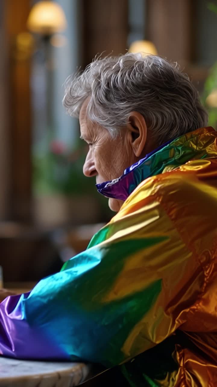 Donna anziana indossa una giacca arcobaleno, seduta in un momento di quiete. La sua espressione mostra calma e riflessione ponderata. La luce soffusa evidenzia i suoi tratti e il suo vivace cappotto.