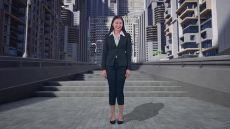 full body of an asian business woman warmly smiling in urban city